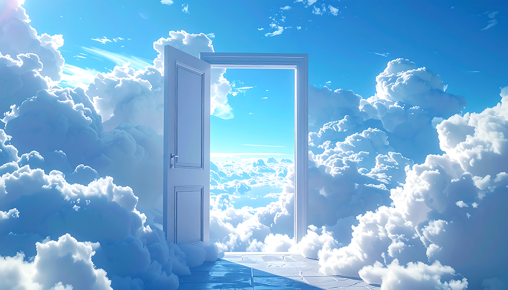 An Open Door Floats Within An Expansive, Sunlit Sky, Surrounded By Fluffy, White Clouds And An Ethereal Atmosphere